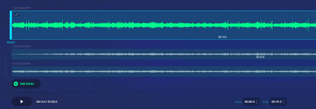和视频不同的是,  你可以同时调整多个音频,并进行剪切合并的操作.