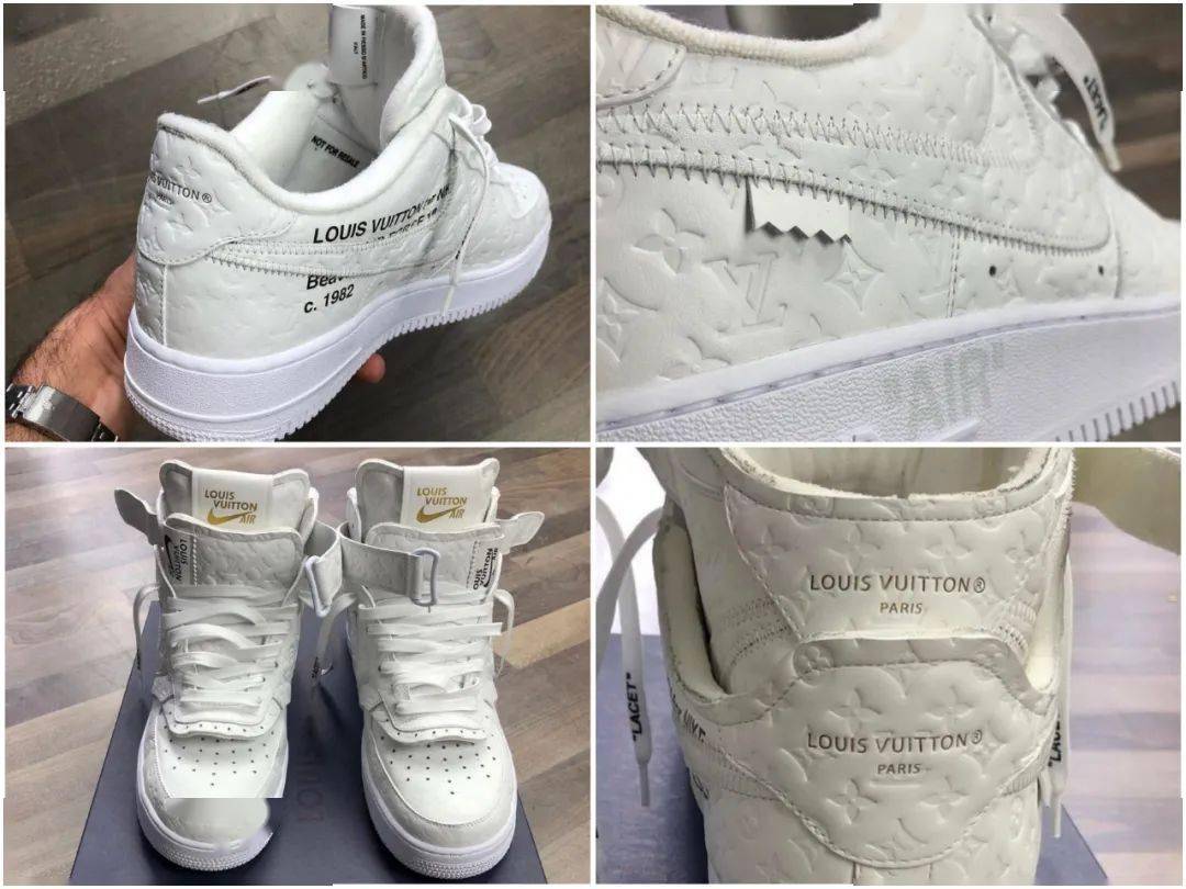 加以 lv 经典老花印花,鞋舌处则是横向缝制了 lv 与 nike logo 的联名