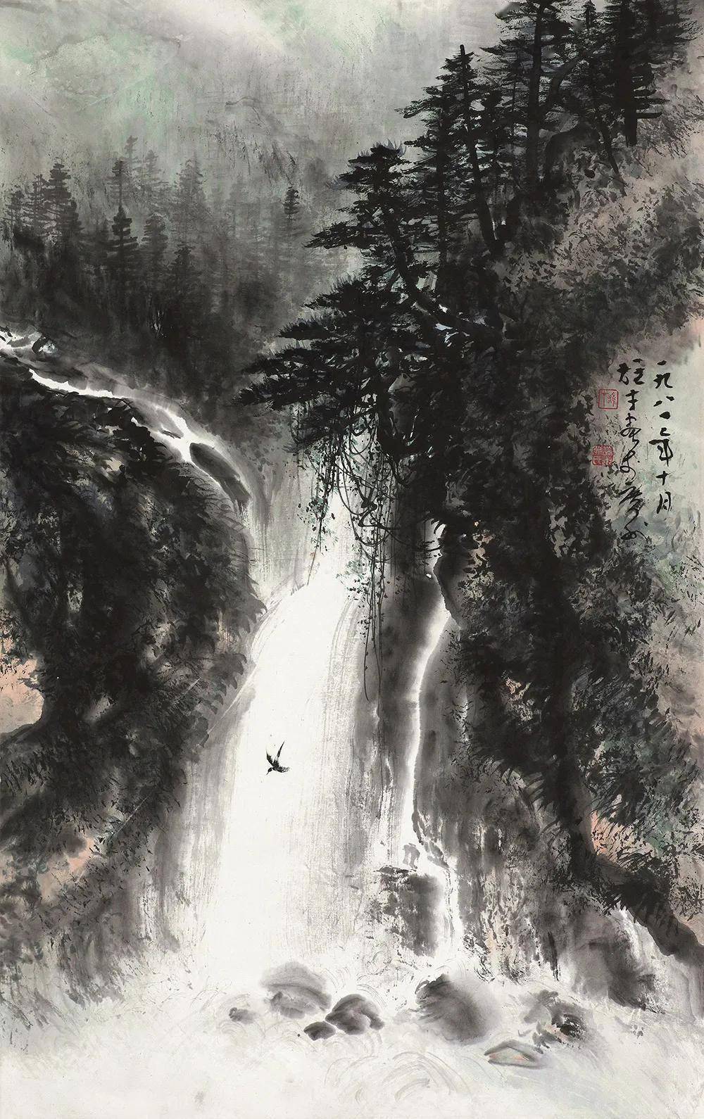 黎雄才画瀑布,气势真大