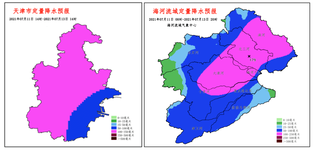 11日至13日天津(左)及海河流域(右)过程降雨量预报