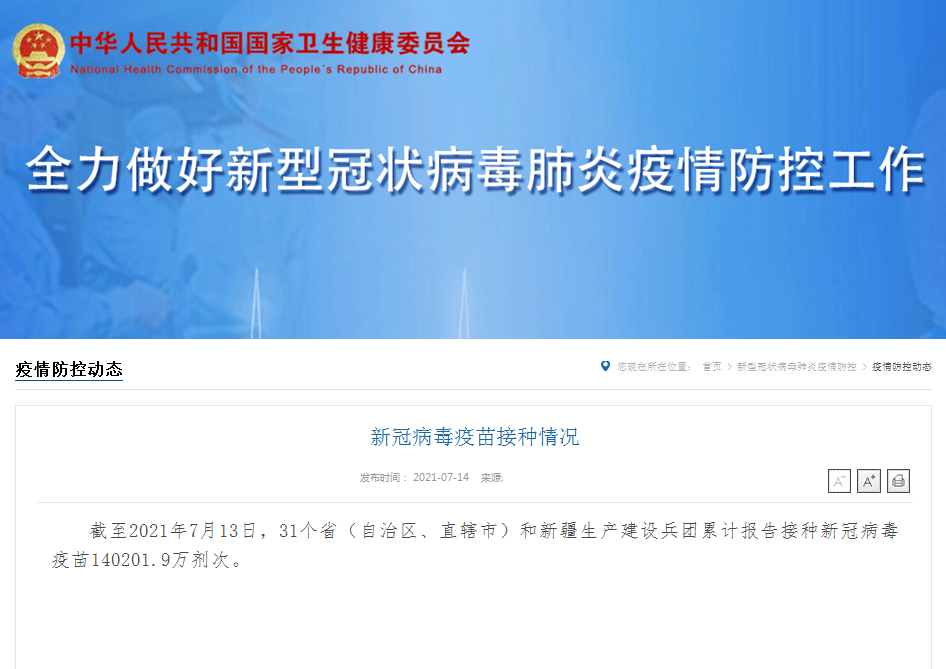 国家|国家卫健委：全国累计报告接种新冠病毒疫苗140201.9万剂次