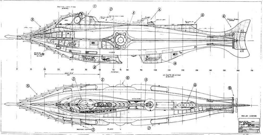《海底两万里》中潜艇"鹦鹉螺号"设计图,图片来自网络.