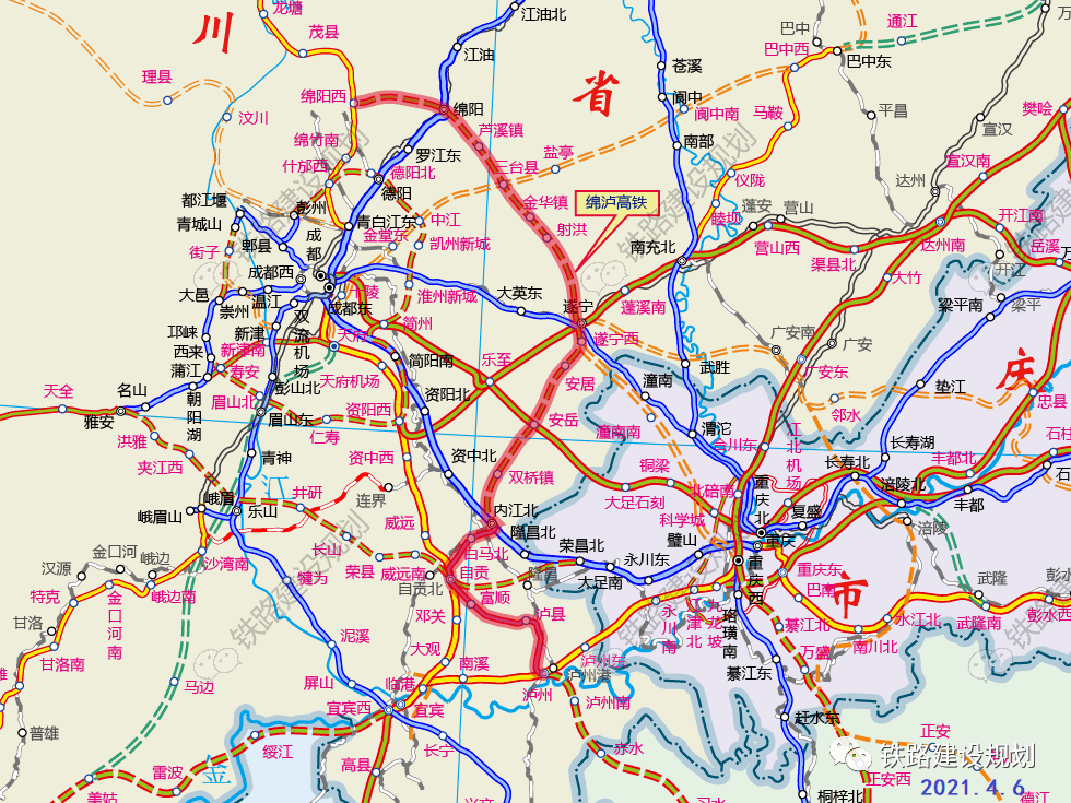 绵泸高铁(绵遂内城际)线路走向示意图▼