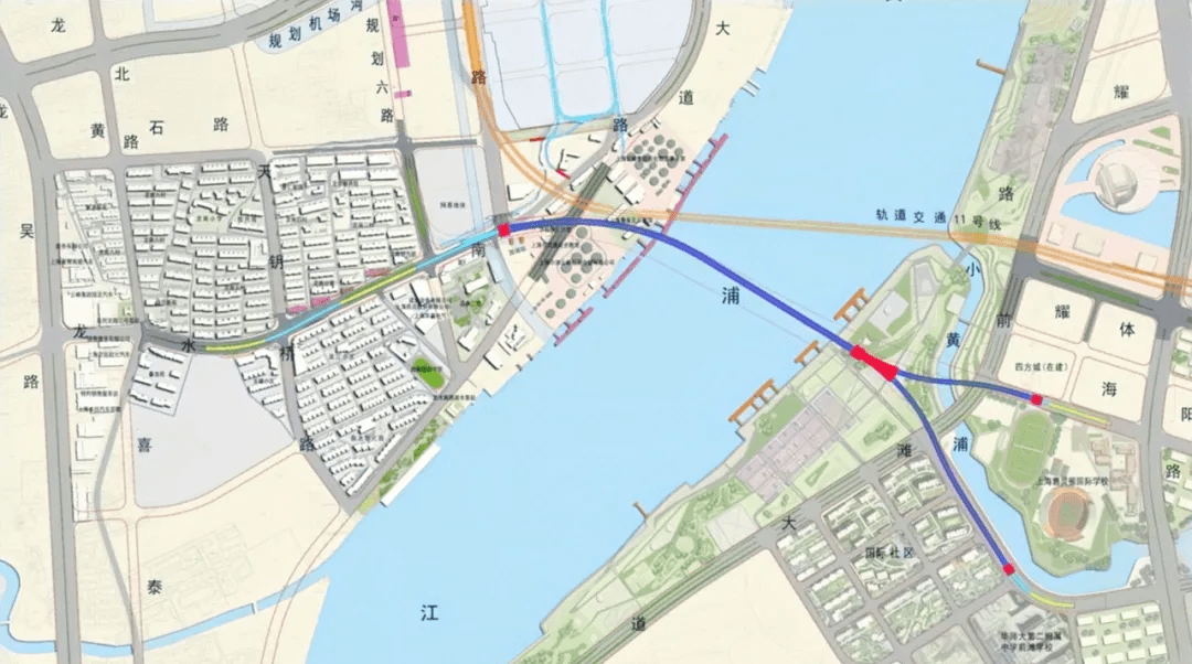 江隧道西起徐汇区的龙水南路喜泰北路交叉口,在浦西设置规划六路匝道