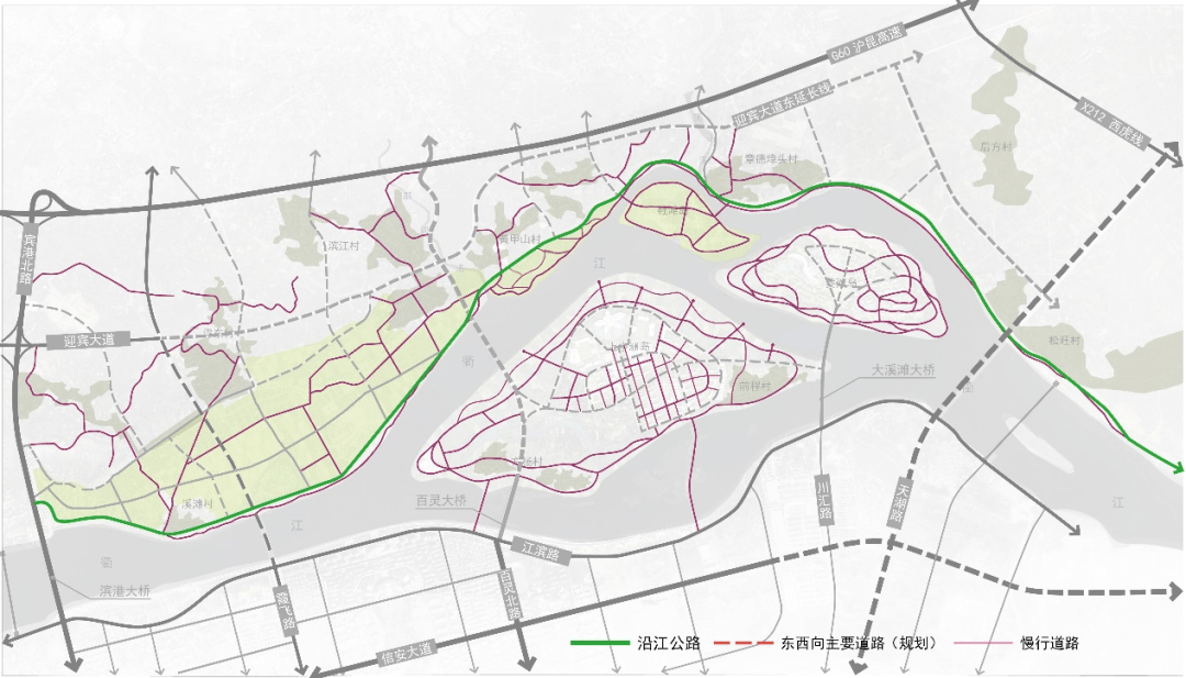 建议加密南北向的道路系统,串联横向规划道路与滨江道路的南北向交通