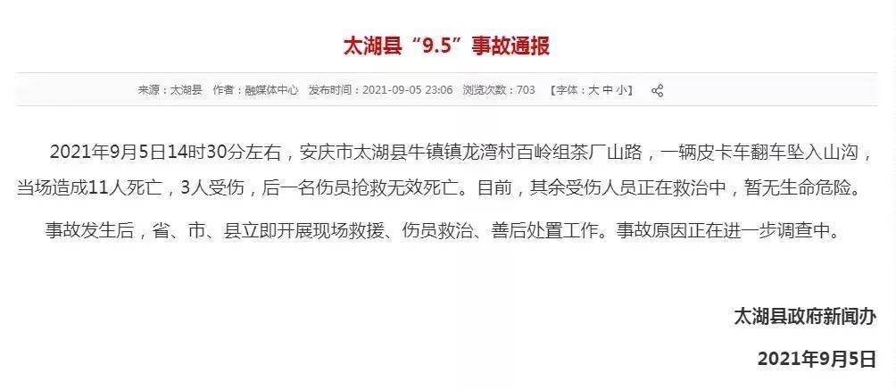 安庆太湖一车坠沟,12人死亡!省委书记省长批示!_事故