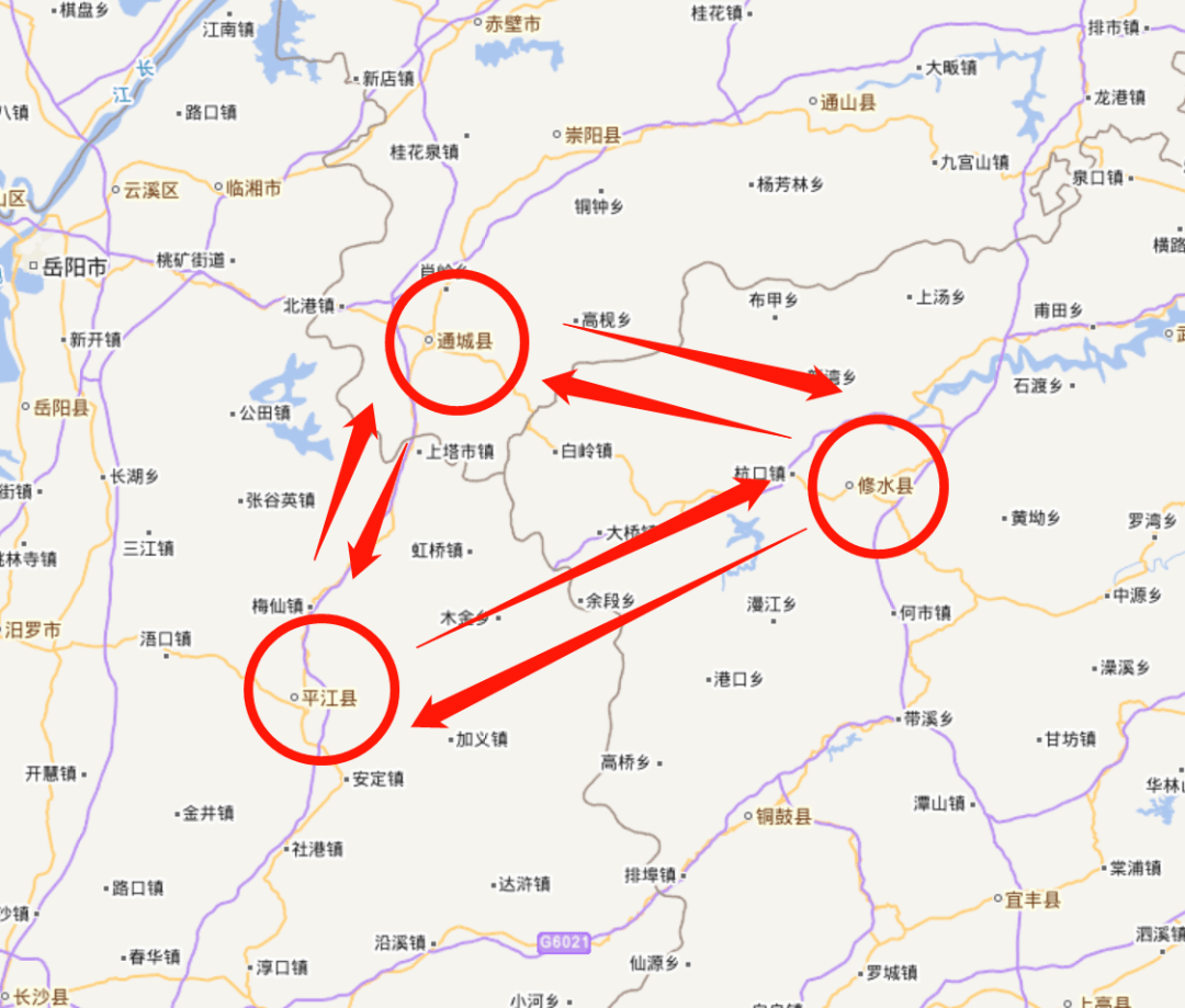 通城,平江,修水三县地理位置示意图