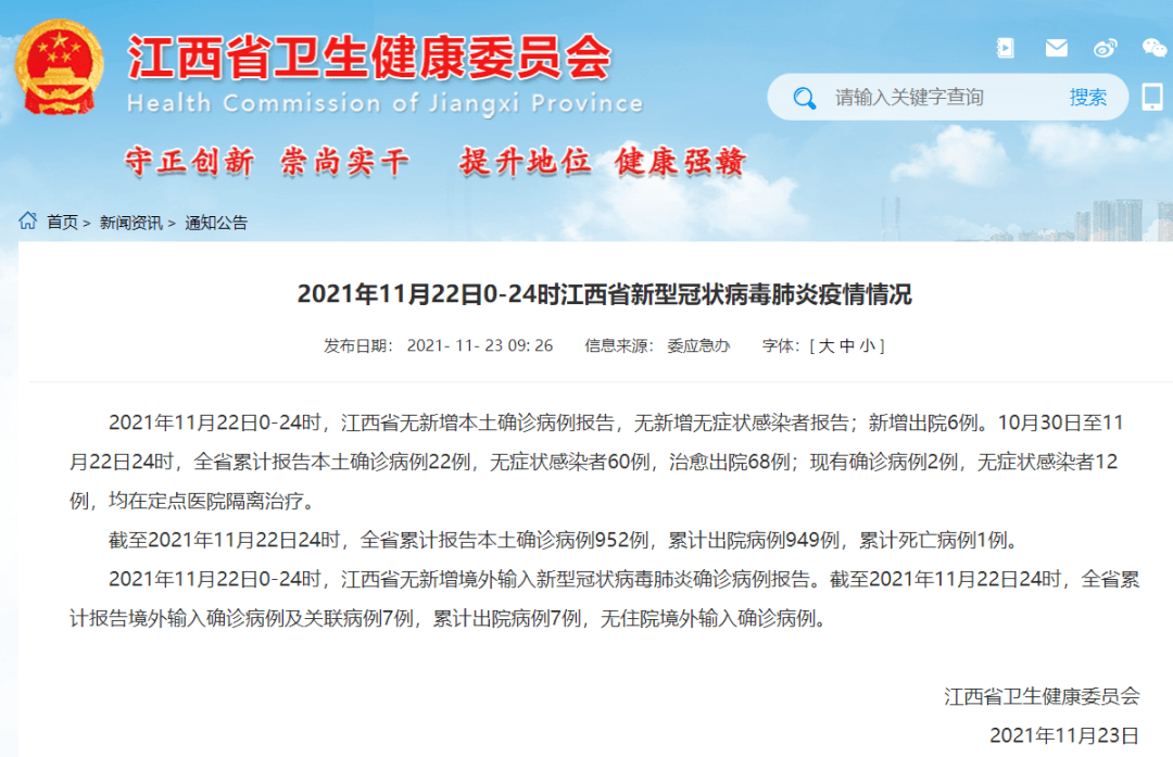 2021年11月23日江西省南昌市新型冠状病毒肺炎疫情情况