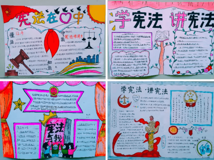 顺平县实验中学团委开展宪法宣传手抄报展示活动,学生在绘制过程中