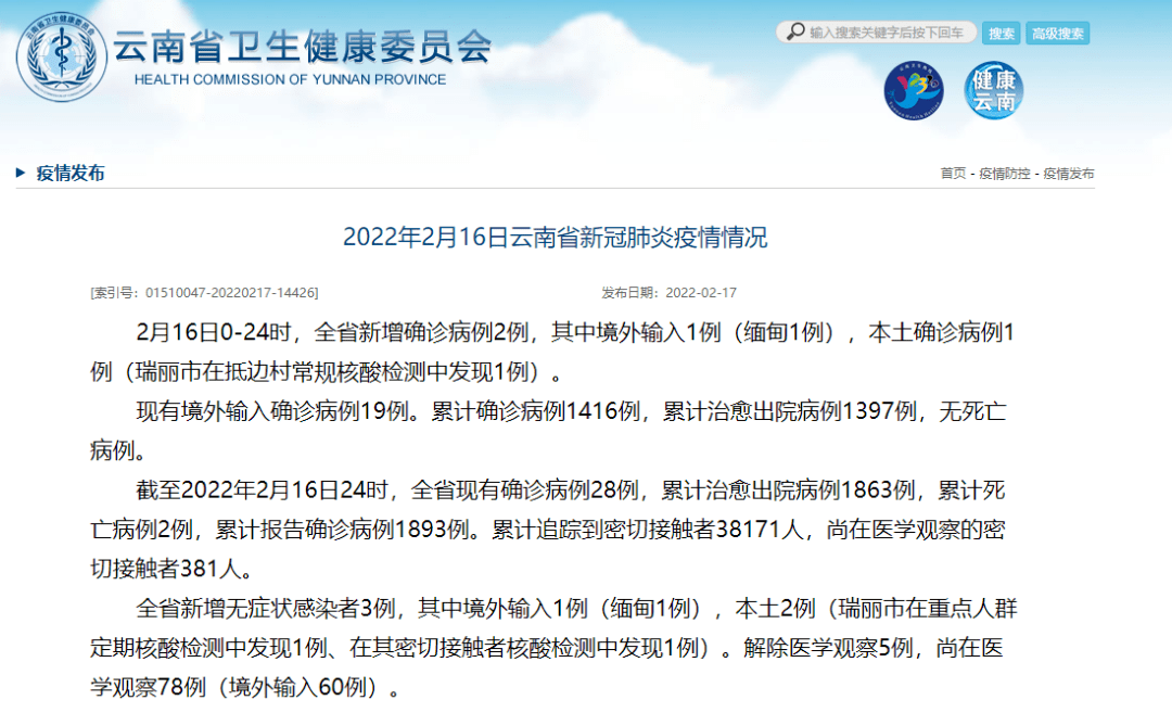 云南省新增确诊病例2例,其中境外输入1例(缅甸1例,本土1例(瑞丽市在