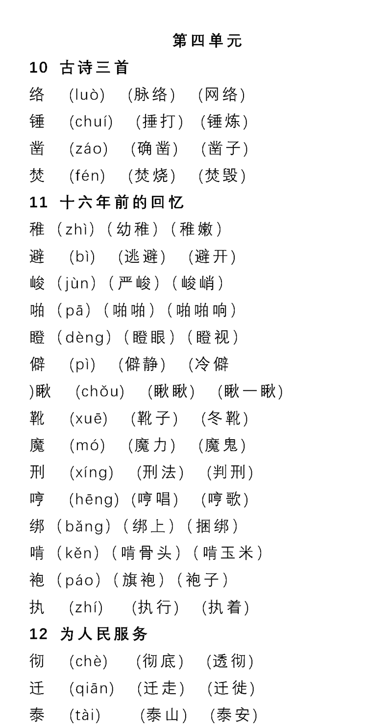 部编1-6年级语文(下册)第1-7单元生字表组词大全_试卷_教案_数学