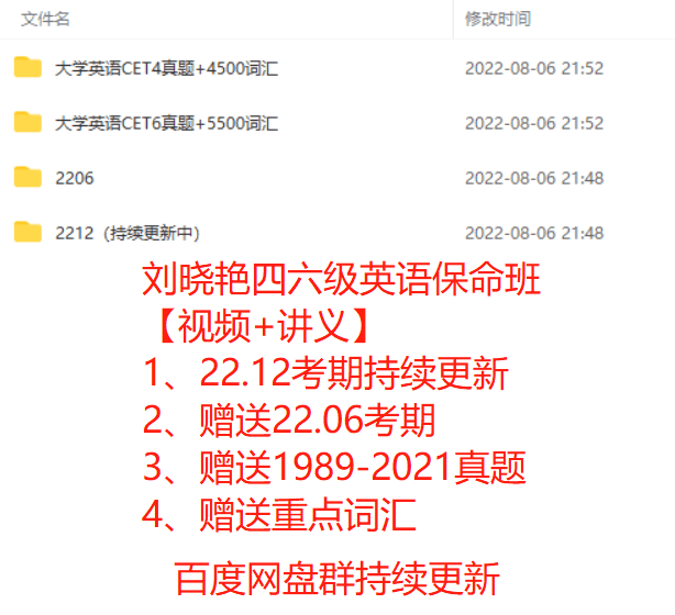 20222023年考期刘晓艳四级六级英语保命班网课百度云网盘视频讲义