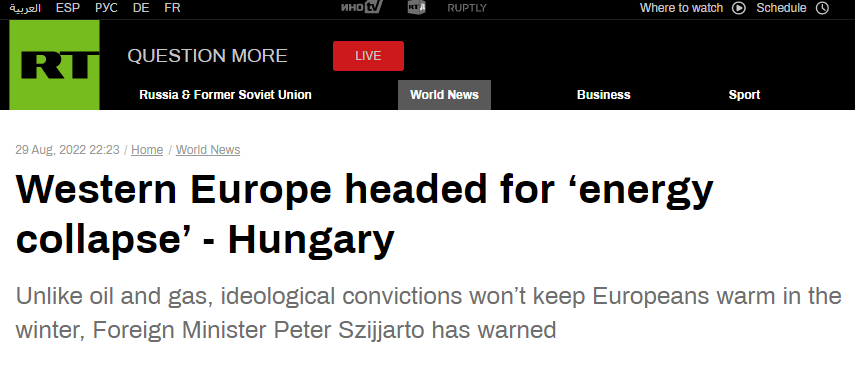 俄媒：匈牙利外长警告，意识形态信念不会让欧洲人在冬天感到温暖