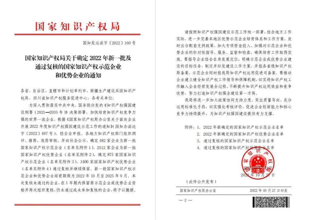 日前,国家知识产权局发布了《关于确定2022年新一批及通过复核的国家