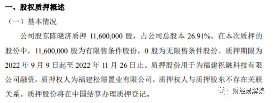 易动力股东陈晓济质押1160万股 用于为福建祝融科技有限公司融资