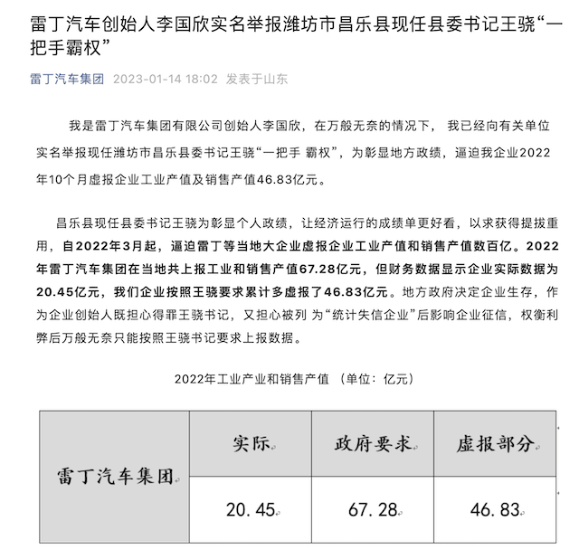 雷丁汽车创始人实名举报当地县委书记，山东省已介入调查