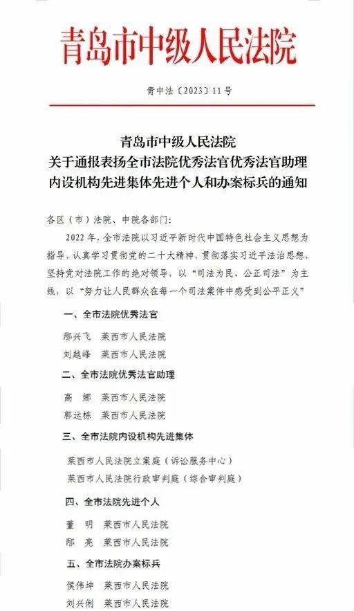 莱西法院2个集体、8名干警荣获表扬！