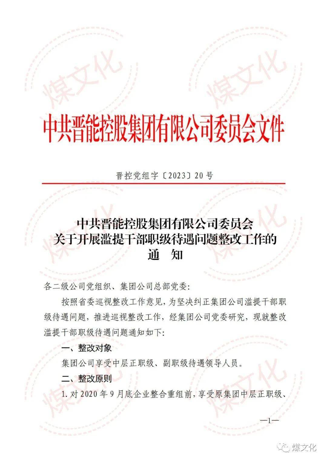 晋能控股集团开展滥提干部职级待遇问题整改工作的通知