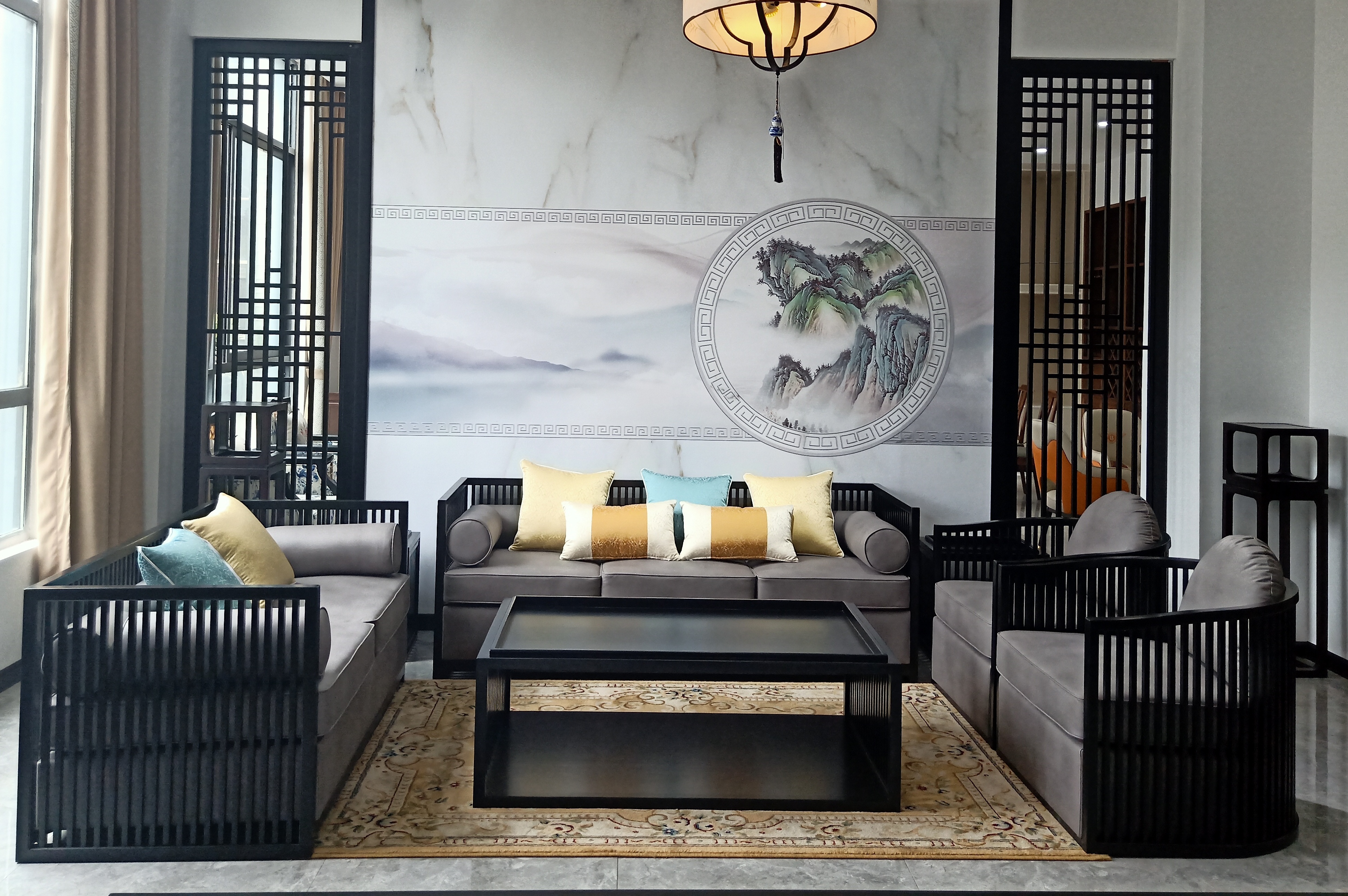 新中式实木布艺沙发组合别墅样板房会所禅意家具