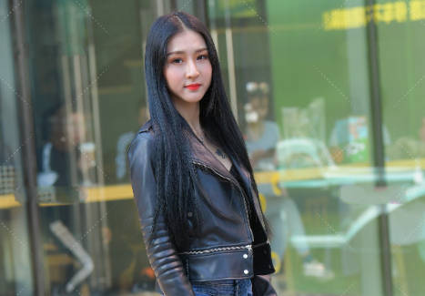 图中的姑娘选择了一款非常大众款的皮夹克,黑色的颜色更显青春时尚感