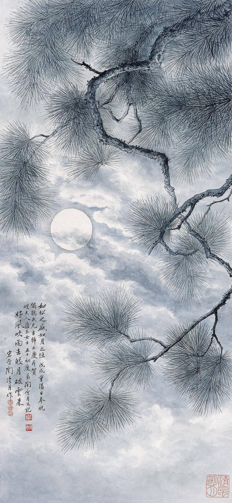 他笔下的梅花以没骨花技法加以发展,并用自己擅长的月影,雪景相衬托