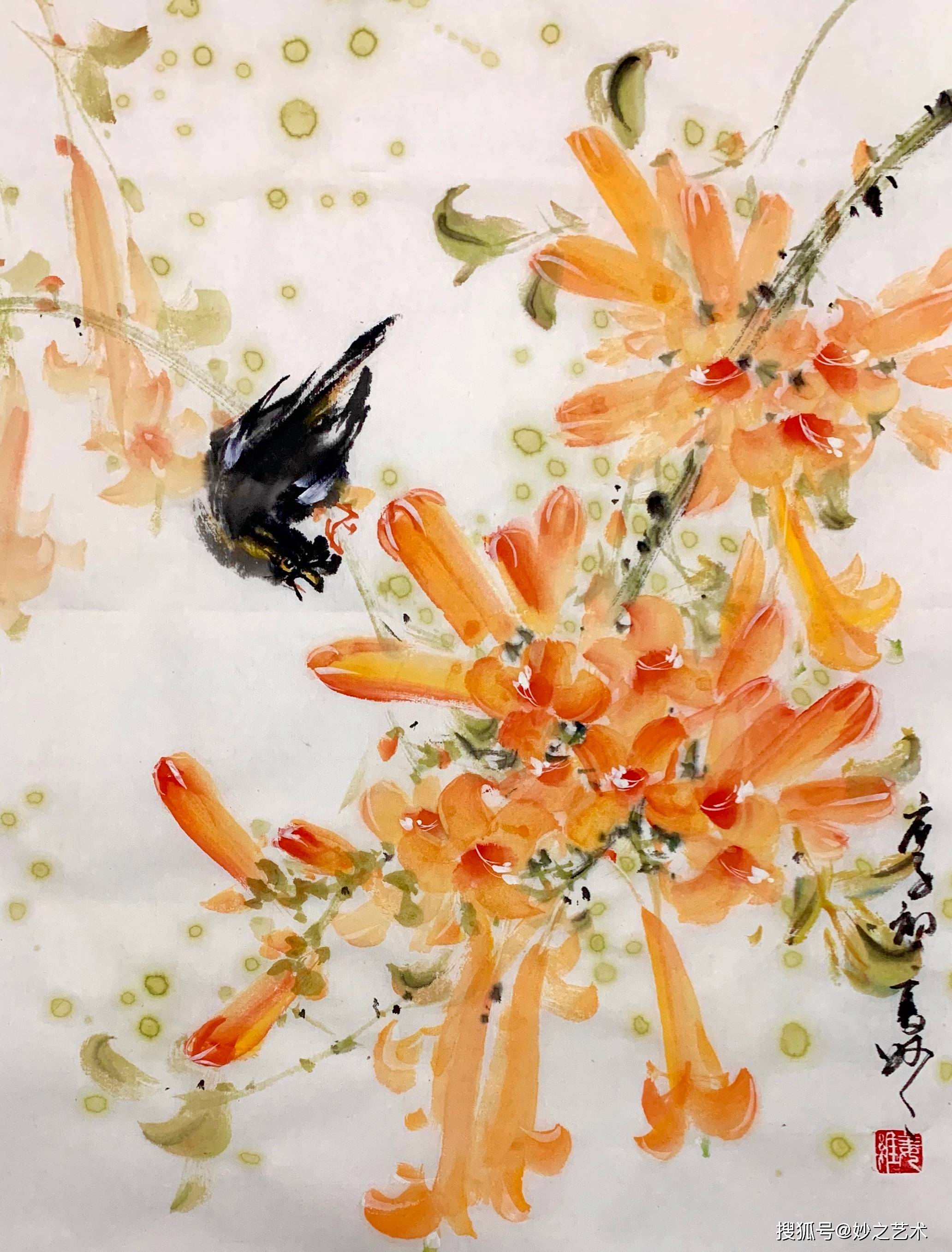 1/ 12 风翻火焰欲烧人 春风春雨花经眼 炮仗花小鸟 清吟晓露叶 愁噪