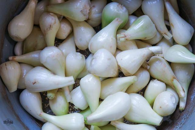 2,清洗干净的藠头放在电饭锅里,按煮饭键,把它蒸熟.