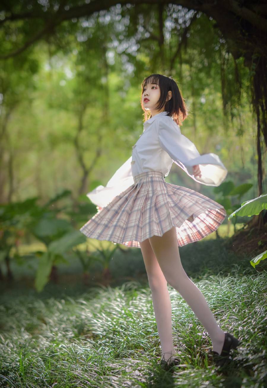 jk少女森系紫粉格裙衬衫少女