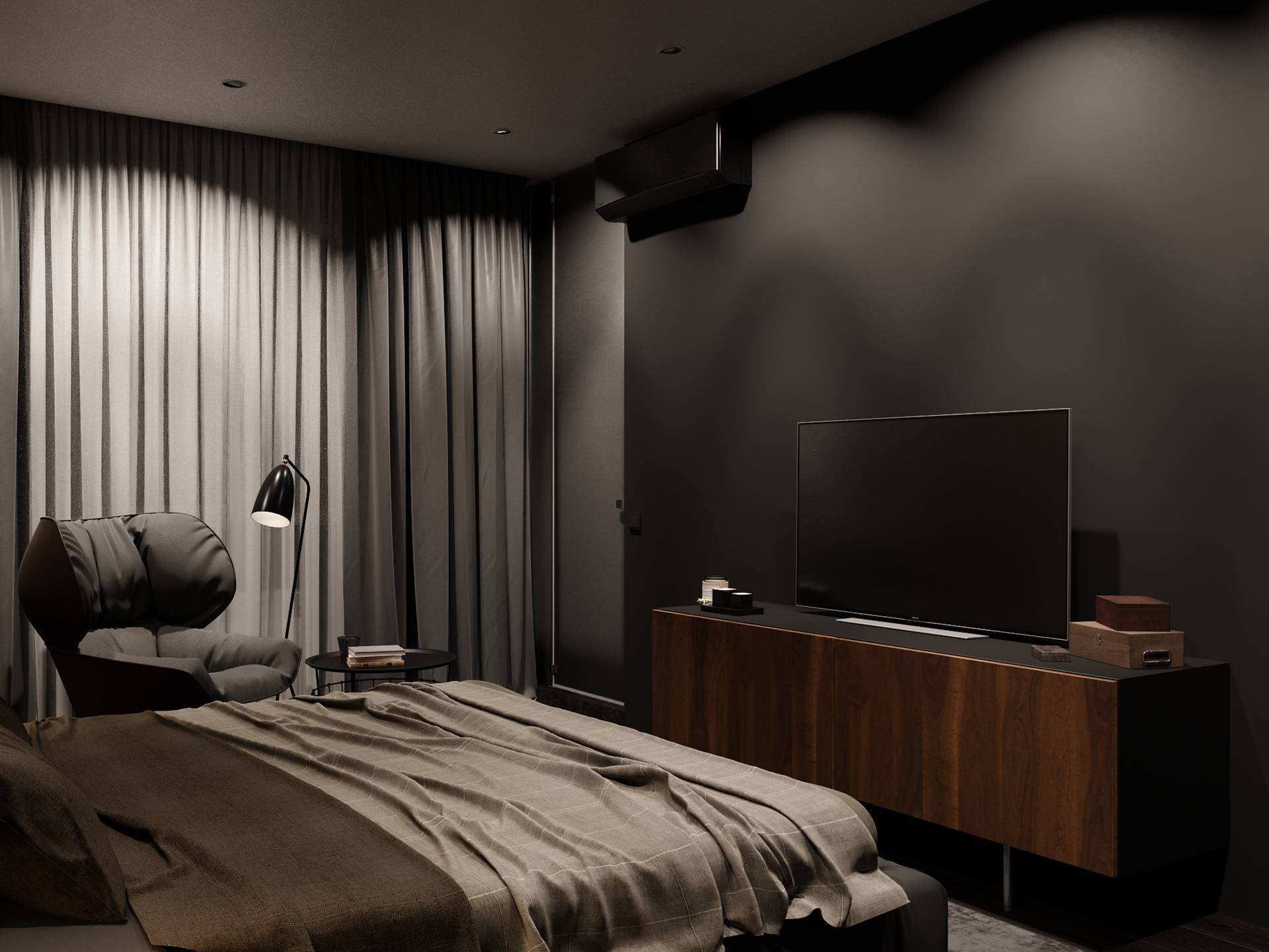 室内的配色有着让人一眼难忘的魔力,深灰,深棕,黑三色相间,打造出一片