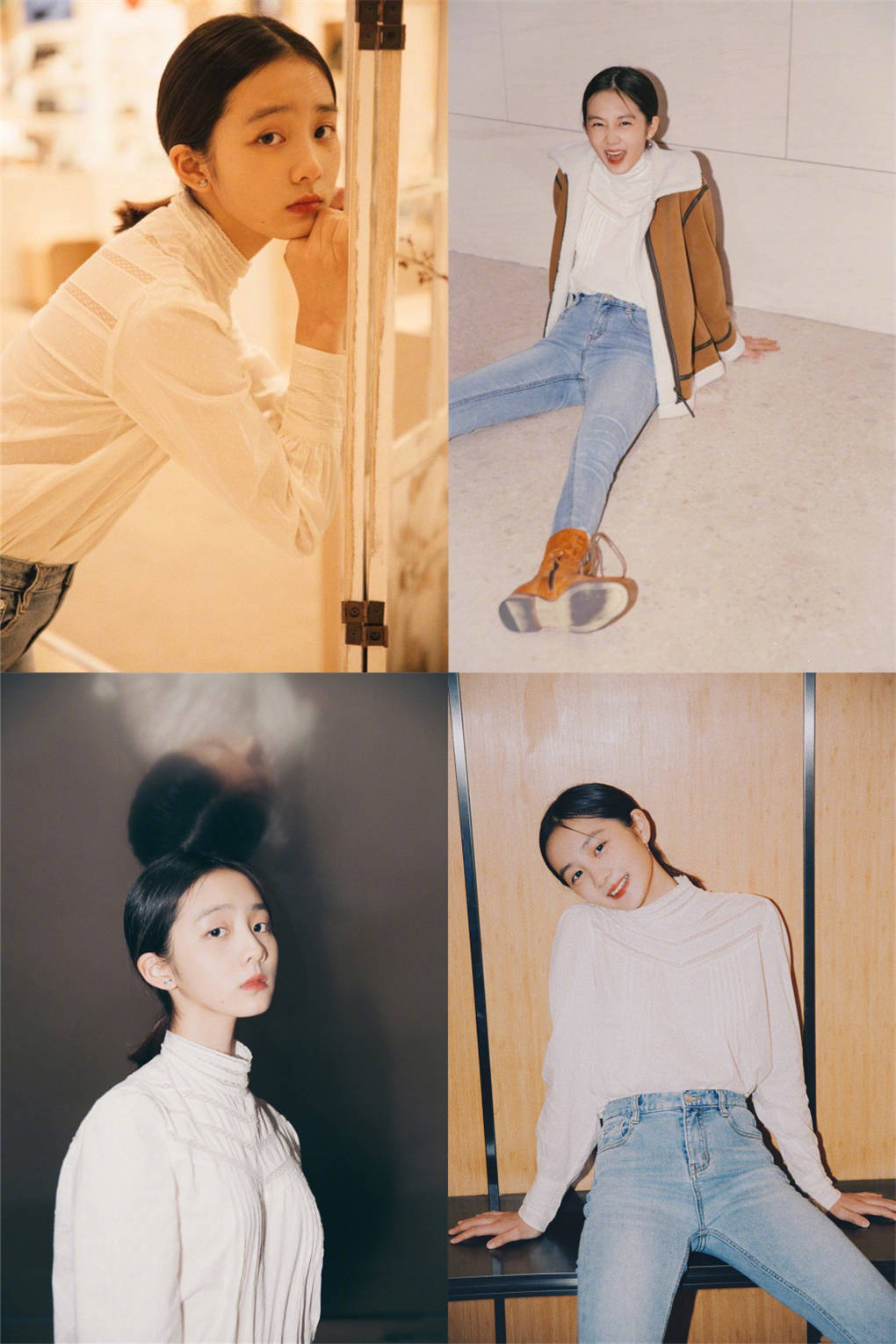 只见照片中,多多身着白色镂空上衣,搭配蓝色紧身牛仔裤,脚蹬一双驼色