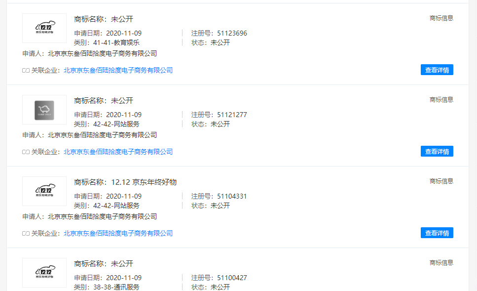 京东公司注册近日注册多个"双12"商标