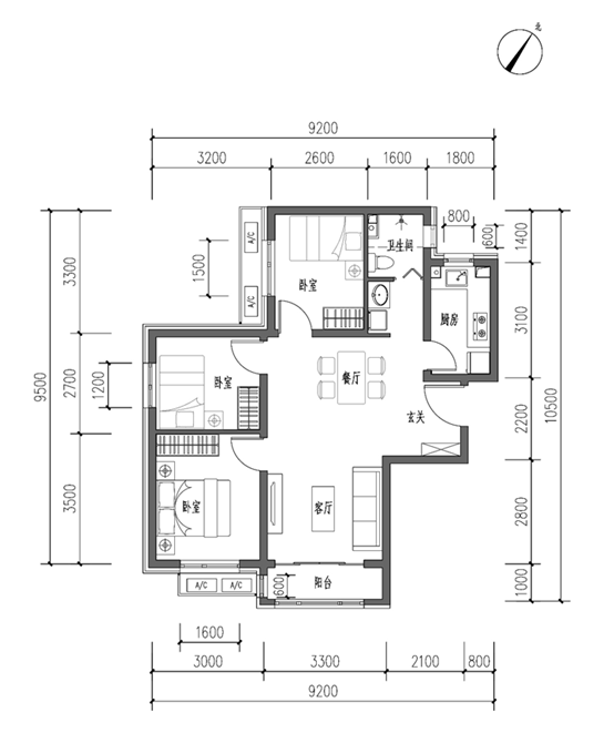 d-1户型平面示意图 三居室 建筑面积约87平方米