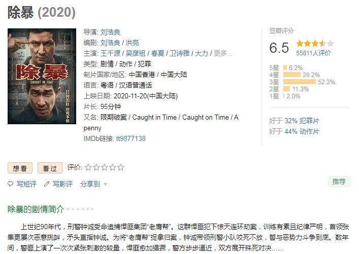 跟豆瓣差不多《除暴》出来,本人因为一些事情没有第一时间去看,直到