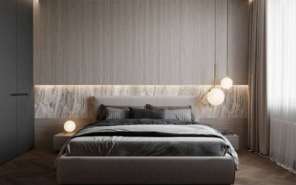 木质集成板材装饰的床头背景墙,并且安装了隐藏式灯带来渲染氛围,让