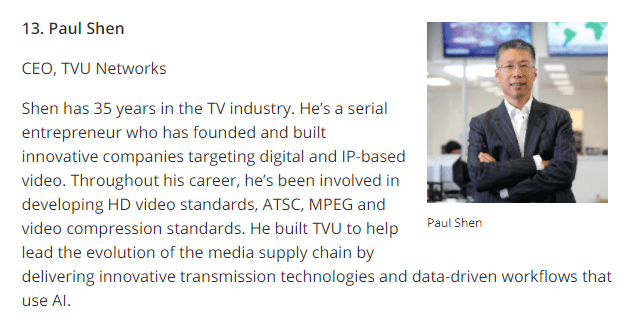 优秀！TVU CEO上榜！