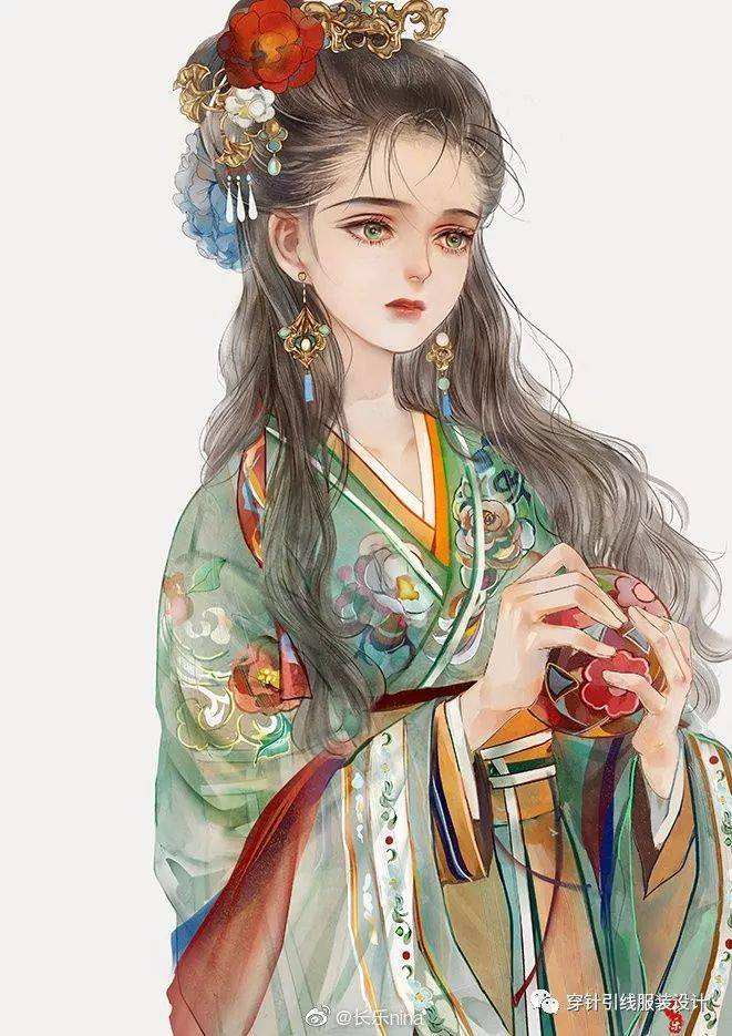 古风版服装设计效果图,亮色点缀,印花图案,极具精致感!_布梵