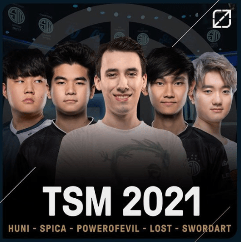 tsm新赛季阵容:上单huni,打野spica,中单poerofvil,ad lost,辅助sword