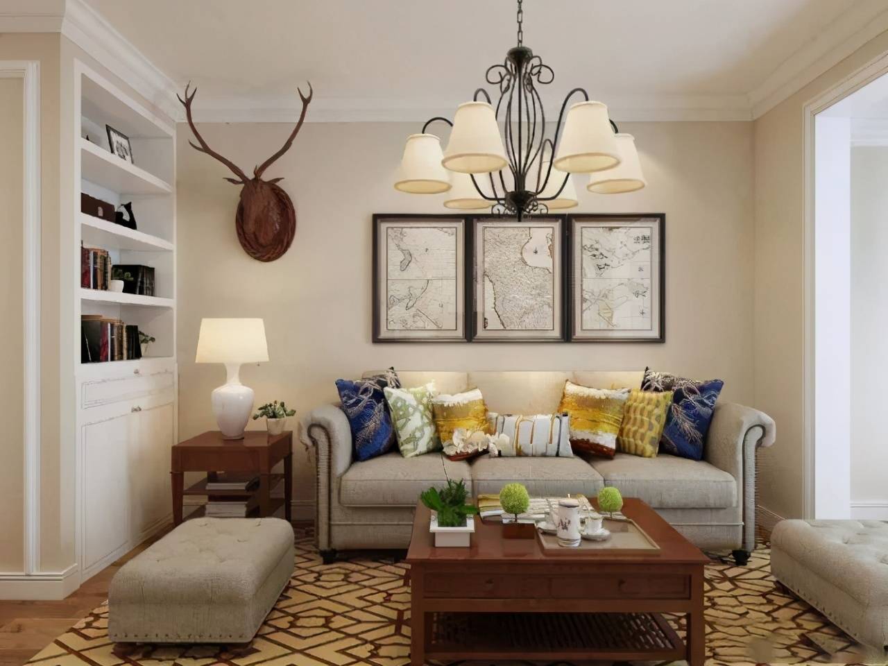 空间感通透,敞亮,米色的沙发与墙体颜色协调,与棕黄色的地板形成