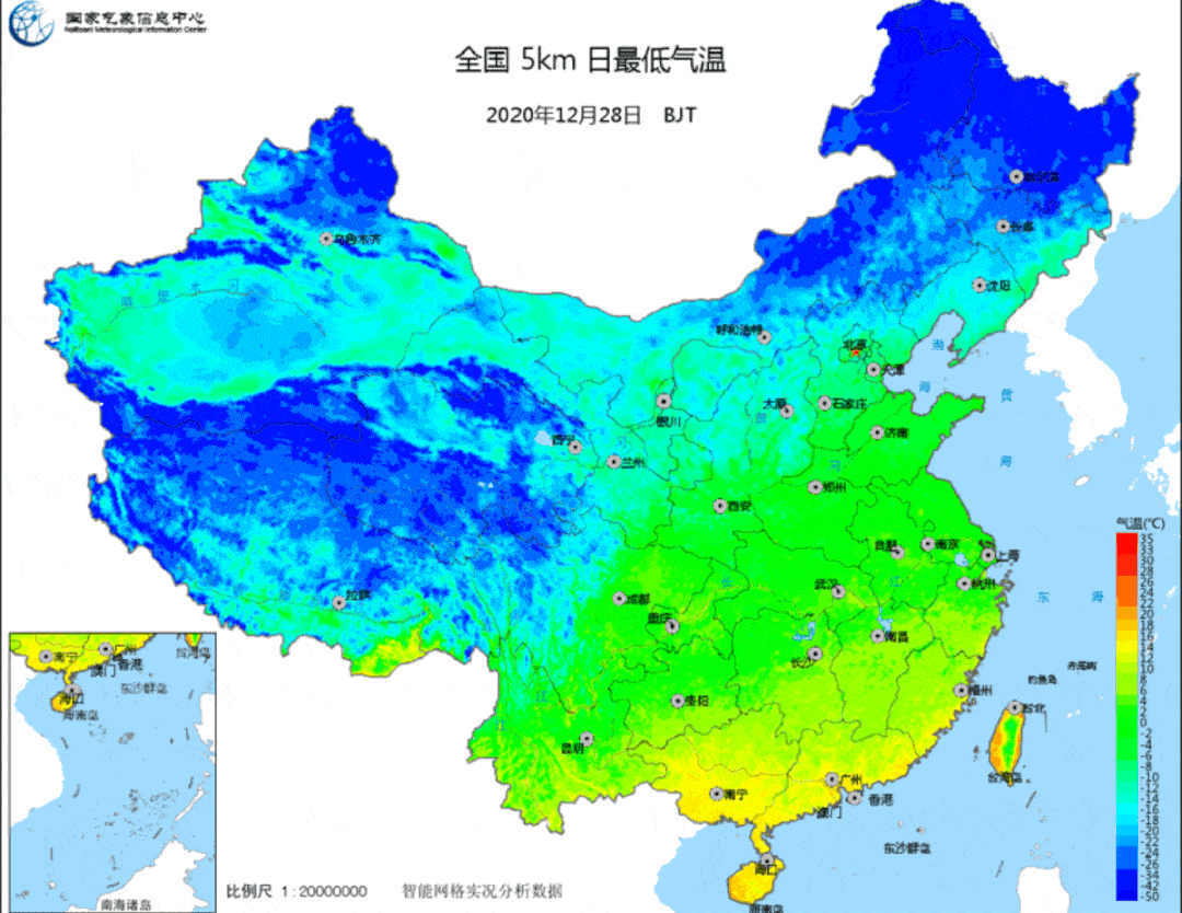 整理了2020年12月28日-12月31日全国日最低气温变化图