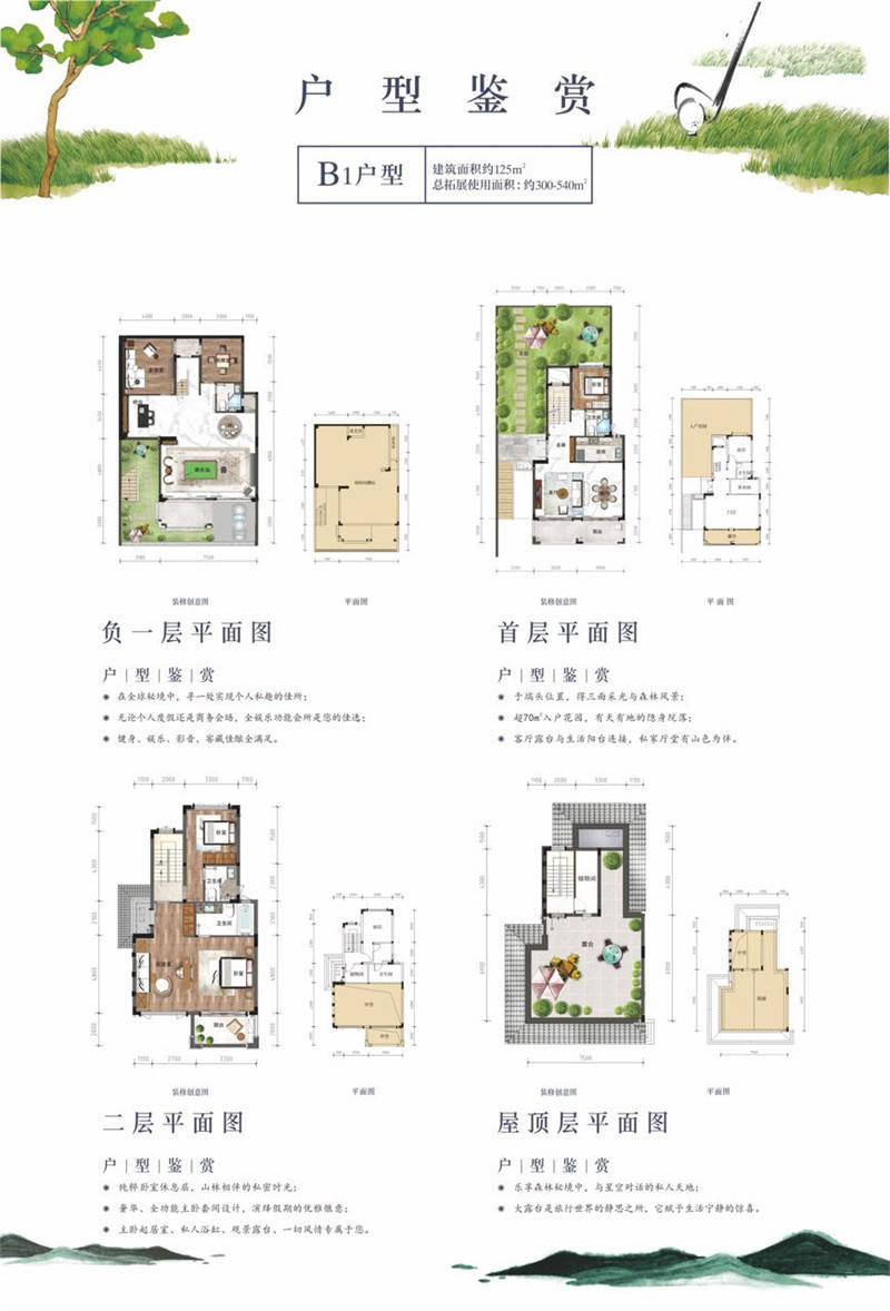 陽光負一層約130㎡ 花園50~200㎡(次臥x2 影音室 棋牌室 水吧)一層約