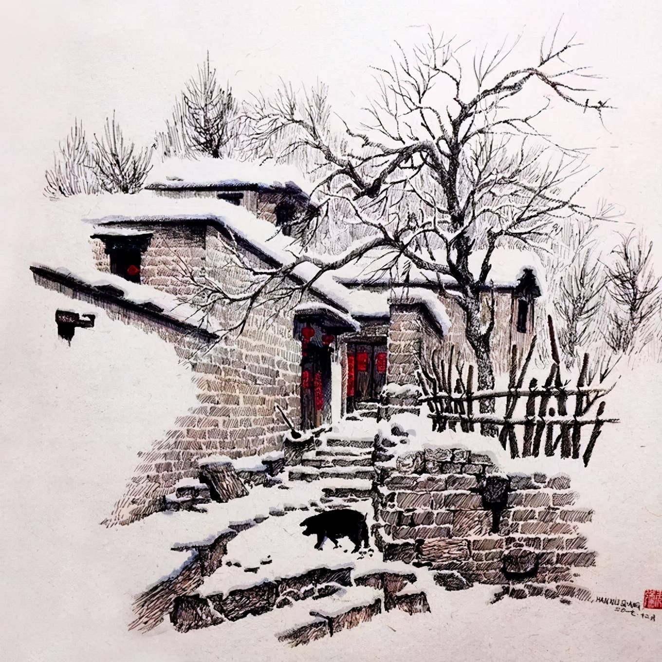 他用钢笔画出的古村雪景,饱含着回归家乡的亲切感