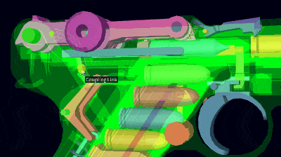 鲁格手枪使用的是罕见的肘节闭锁装置,通过肘节的闭合完成开/闭锁;当