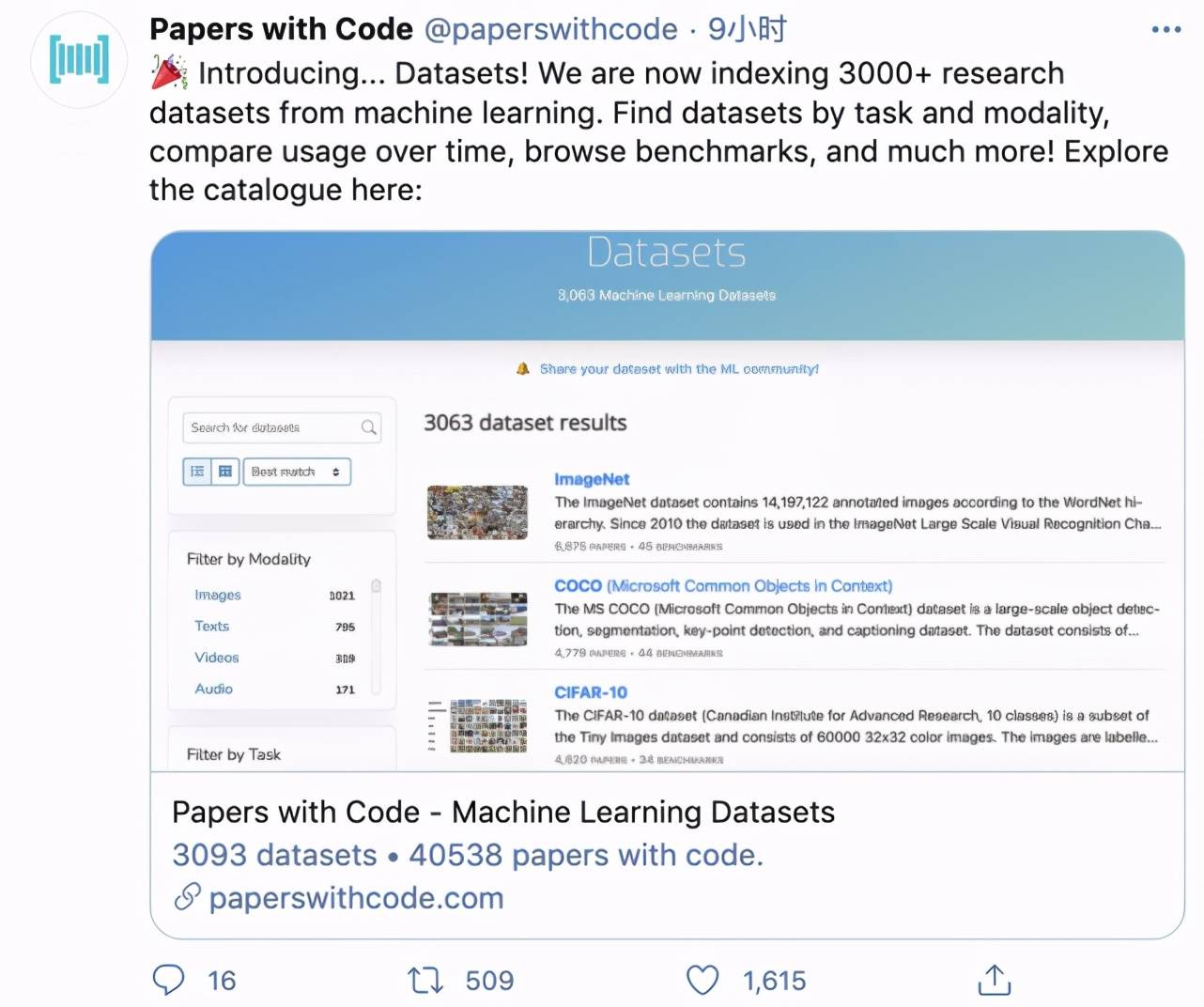数据|Papers With Code新增数据集检索：3000+数据集，多种过滤功能