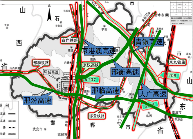 京港澳,邢汾,邢临高速在邢台市区段的四个出入口,其中三个出入口设在