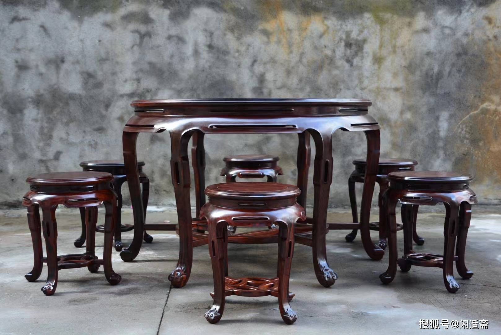 原创中式圆桌百灵台大红酸枝三弯腿如意头圆桌