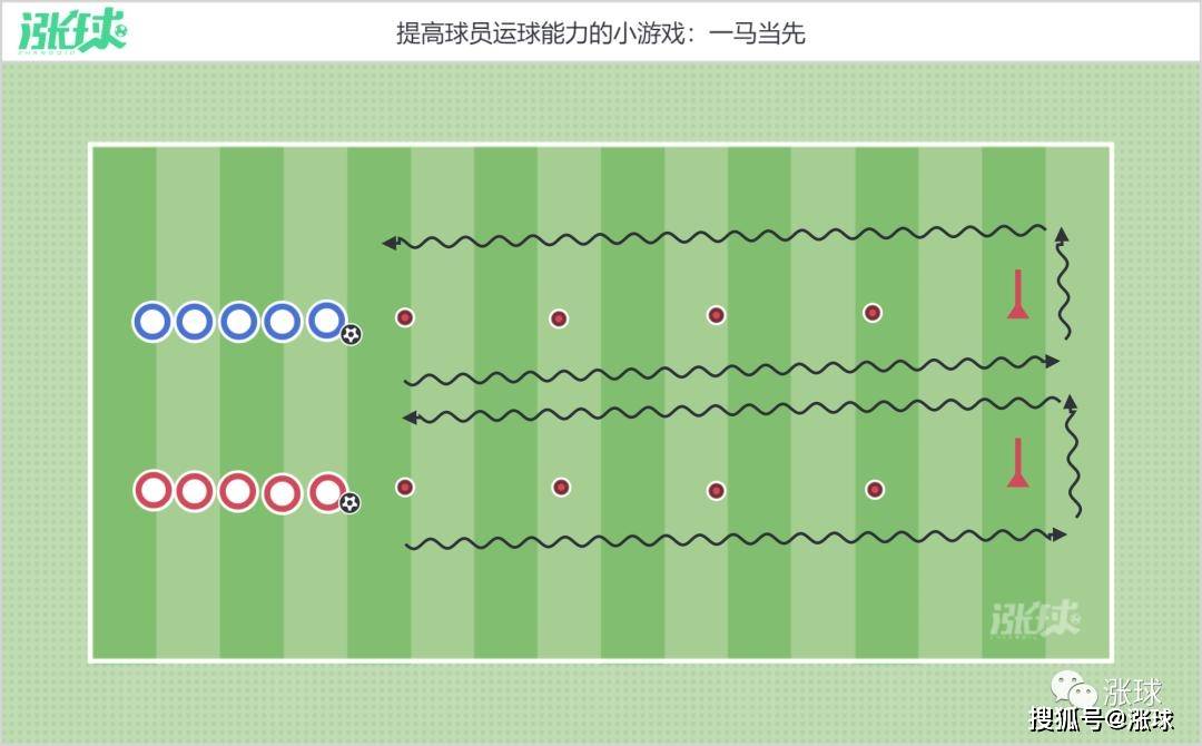 組織方法將10名球員分成兩隊,分別置於標誌盤後球員運球繞過所有標誌