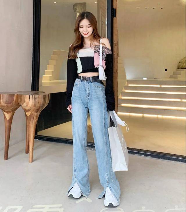 1,短上衣 高腰牛仔裤