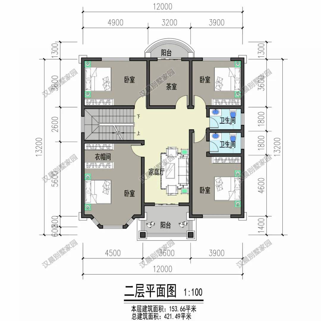 二層平面功能佈置:家庭廳,茶室,2個陽臺,2個次臥,2個主臥,衣帽間,內衛