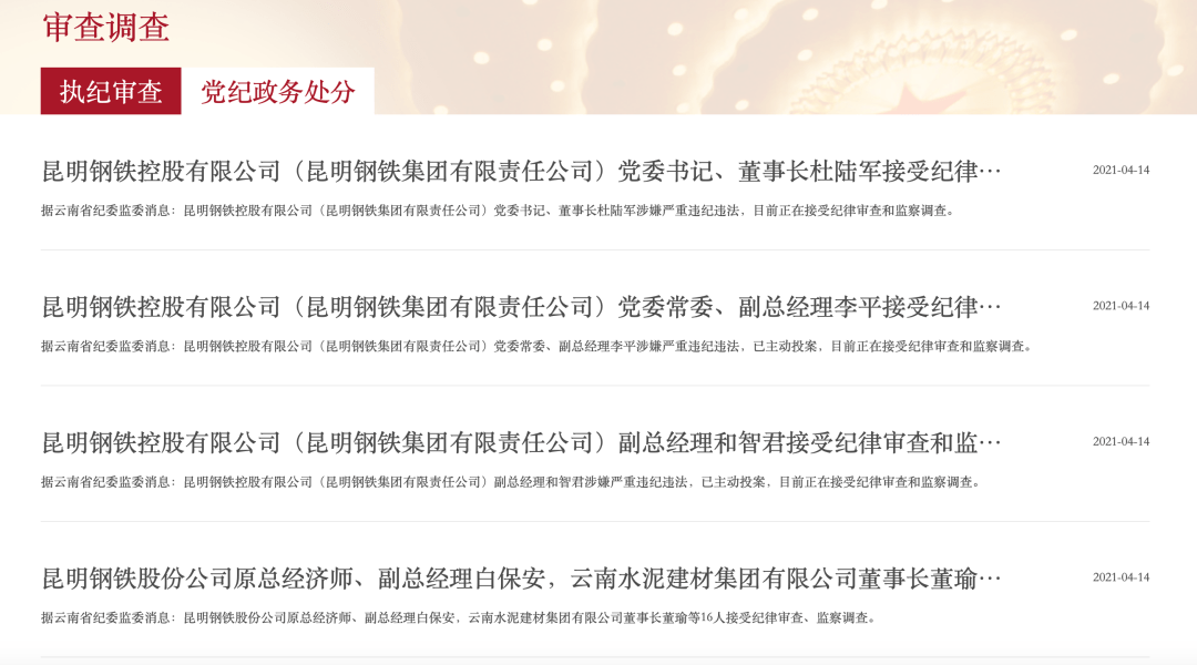 副总经理白保安,云南水泥建材集团有限公司董事长董瑜等16人接受纪律