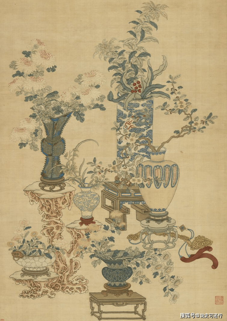 一种小众的中国画题材 画个器物插朵花 看似简单却藏着金石趣味 博古图